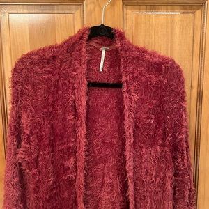 Free People fuzzy long cardigan duster maroon-orange Medium
